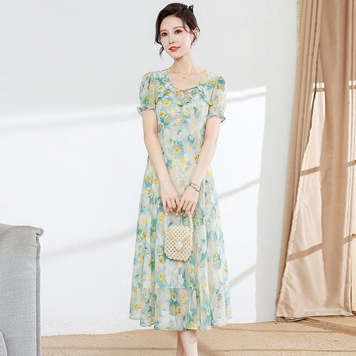 夏季新款，木耳边短袖系带蝴蝶结时尚中长裙女装长裙印花连衣裙QYM-YM-A2346-Y 商品图5