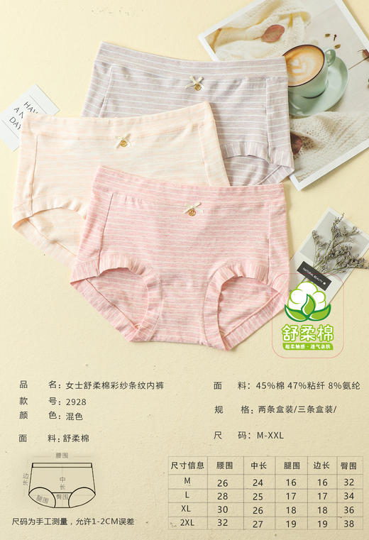 【爆款深度库存】50支棉彩纱女士舒柔棉中腰条纹无痕脚口内裤2901/2928/2929 商品图1