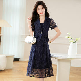 夏季新款，网纱几何格纹裙中长裙西装蝴蝶短袖外套两件套QYM-TB-CY1316-Y