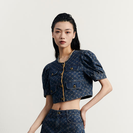 谜底复古牛仔提花外套短袖女2023秋季新款小香风短款233MW0963 商品图1