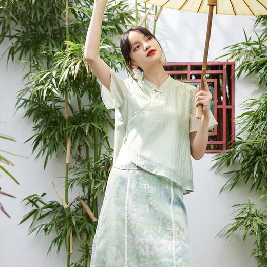 两三事暗香浮动 夏季中国风串珠装饰盘扣短袖衬衫女 商品图1