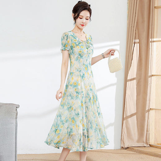 夏季新款，木耳边短袖系带蝴蝶结时尚中长裙女装长裙印花连衣裙QYM-YM-A2346-Y 商品图1
