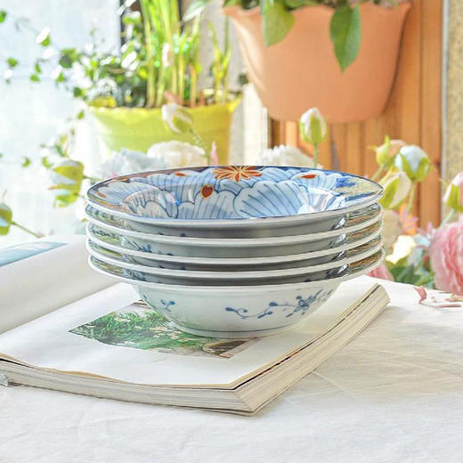 日本进口美浓烧和蓝陶瓷古伊万里花浪漫5入盘家用炒菜盘子斗笠形深盘乔迁礼物 商品图6