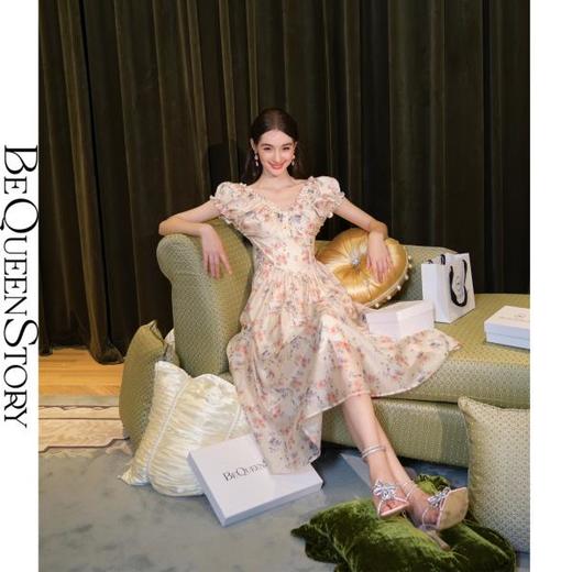 BeQueenStory【午后甜茶】甜美高贵V领短袖收腰长款连衣裙2023女 商品图4