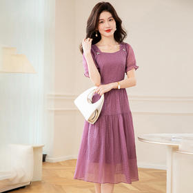 时尚新款，木耳边方领高腰中长裙紫色优雅花边短袖连衣裙QYM-TB-CY1251-Y