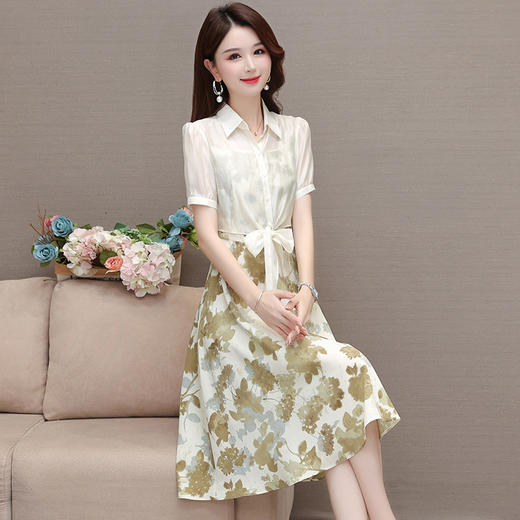 夏季新款，假两件印花裙中长款短袖裙时尚气质女装连衣裙QYM-YX-ZR23091-Y 商品图1