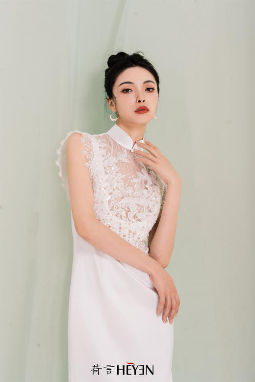 荷言HEYEN 海上月明 白色蕾丝新娘旗袍 商品图0