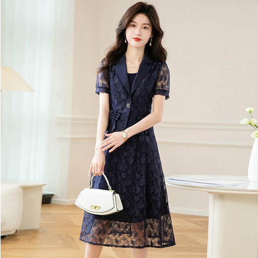 夏季新款，网纱几何格纹裙中长裙西装蝴蝶短袖外套两件套QYM-TB-CY1316-Y 商品图2