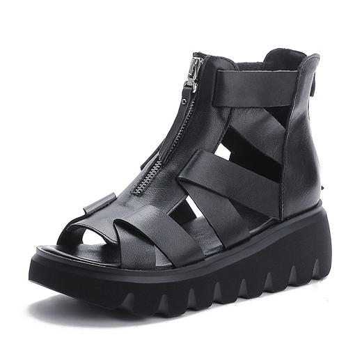 夏新款复古手工镂空罗马真皮粗跟前拉链凉靴YRA658 商品图6