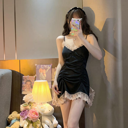 夏纯欲风情趣睡衣女性感蕾丝吊带睡袍睡裙两件套家居服带胸垫 商品图4