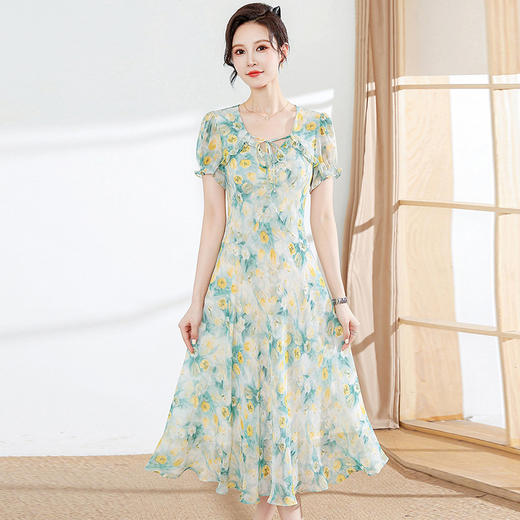 夏季新款，木耳边短袖系带蝴蝶结时尚中长裙女装长裙印花连衣裙QYM-YM-A2346-Y 商品图0