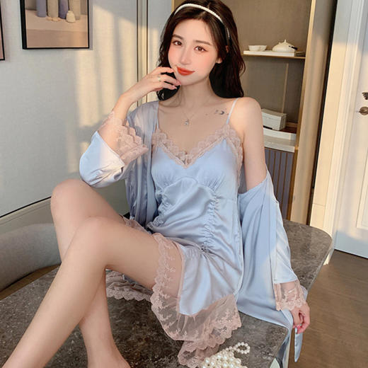 夏纯欲风情趣睡衣女性感蕾丝吊带睡袍睡裙两件套家居服带胸垫 商品图6