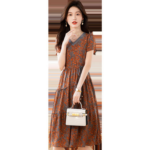 时尚气质，夏季新款短袖裙妈妈半系带收腰中长印花连衣裙QYM-TB-CY1390-Y 商品图4