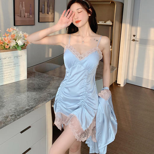 夏纯欲风情趣睡衣女性感蕾丝吊带睡袍睡裙两件套家居服带胸垫 商品图7