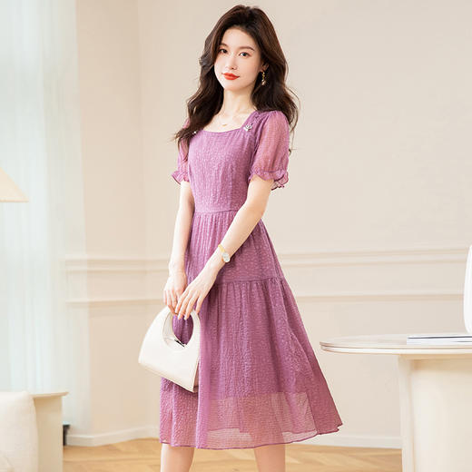 时尚新款，木耳边方领高腰中长裙紫色优雅花边短袖连衣裙QYM-TB-CY1251-Y 商品图3