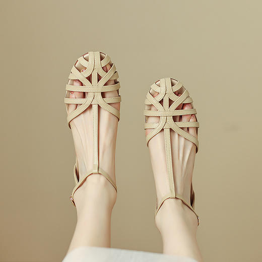 复古罗马文艺风镂空包头凉鞋女粗跟夏新款T字型编织平底 商品图2