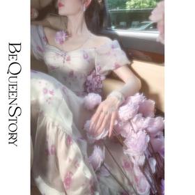 BeQueenStory【紫莲幽梦】优雅轻薄钉珠抽褶层次感连衣裙2023夏季