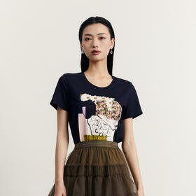 谜底原创图案印花T恤短袖女2023秋新款圆领合体套头上衣233MT1069