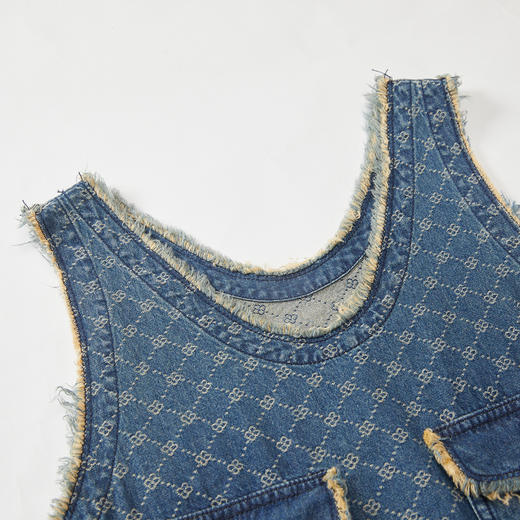 谜底复古A型牛仔连衣裙无袖2023秋新款小香风提花背心裙233ML0976 商品图3