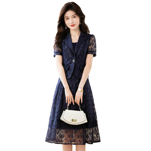 夏季新款，网纱几何格纹裙中长裙西装蝴蝶短袖外套两件套QYM-TB-CY1316-Y 商品图4