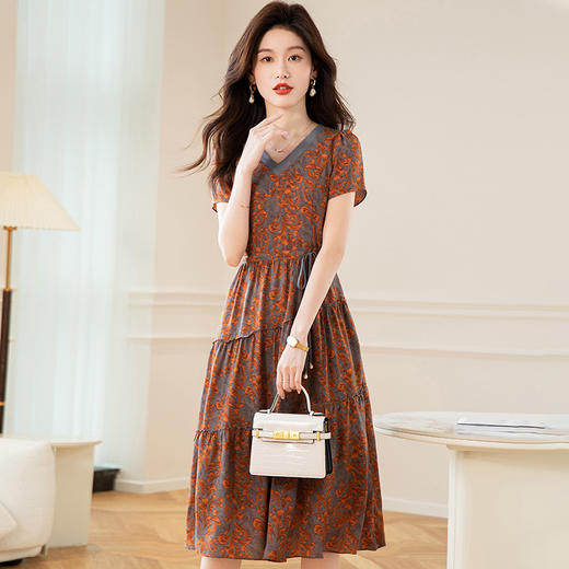 时尚气质，夏季新款短袖裙妈妈半系带收腰中长印花连衣裙QYM-TB-CY1390-Y 商品图2