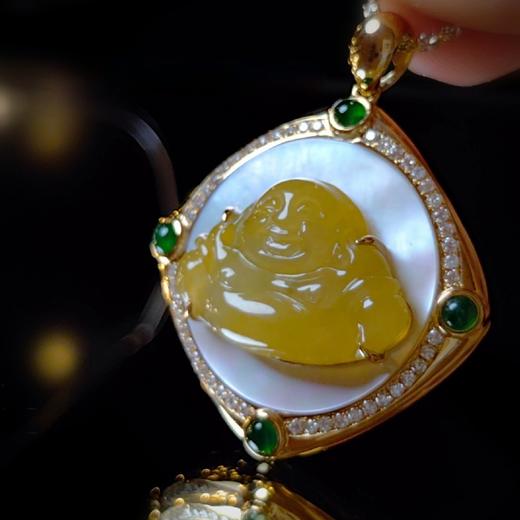 18k设计款鸡油黄翡翠弥勒项坠（价格18k金项链） 商品图7