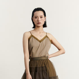 谜底条纹修身吊带上衣女2023秋季新款V领蕾丝边百搭内搭233MN1070