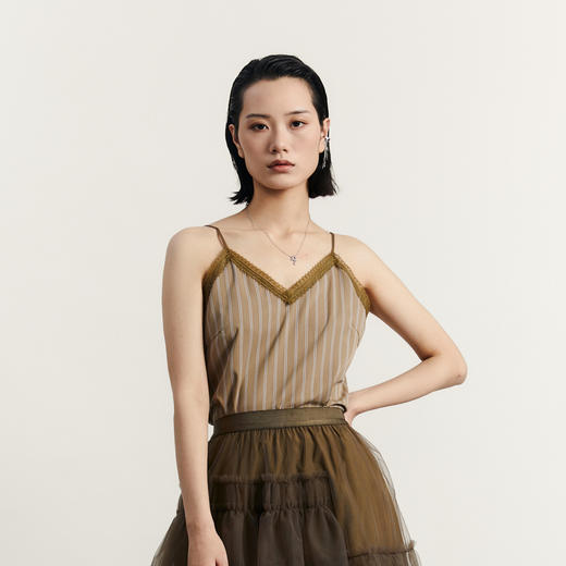 谜底条纹修身吊带上衣女2023秋季新款V领蕾丝边百搭内搭233MN1070 商品图0