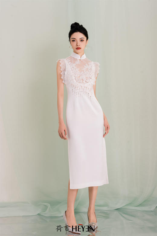 荷言HEYEN 海上月明 白色蕾丝新娘旗袍 商品图3