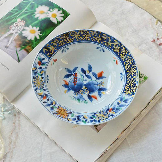 日本进口美浓烧和蓝陶瓷古伊万里花浪漫5入盘家用炒菜盘子斗笠形深盘乔迁礼物 商品图4