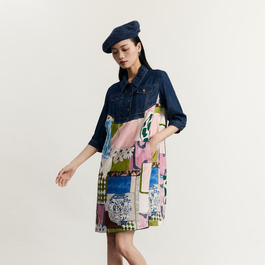 谜底复古牛仔拼接连衣裙2023秋款宽松H型主题花色中长裙233ML1061 商品图1