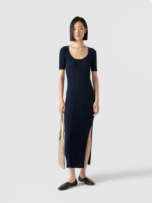 322工房重塑经典天蚕丝螺纹针织短袖连衣裙2023年夏显瘦长裙B086 商品图0