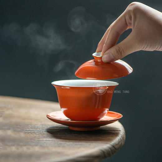 景德镇抱翁堂  珊瑚红描金盖碗手工茶器单个盖碗茶杯陶瓷泡茶器家用功夫茶碗 商品图3