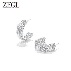 ZEGL设计师蕾丝系列镂空人造珍珠耳环女小众C型耳钉925银针耳饰品