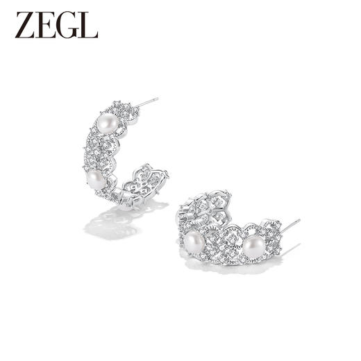 ZEGL设计师蕾丝系列镂空人造珍珠耳环女小众C型耳钉925银针耳饰品 商品图0