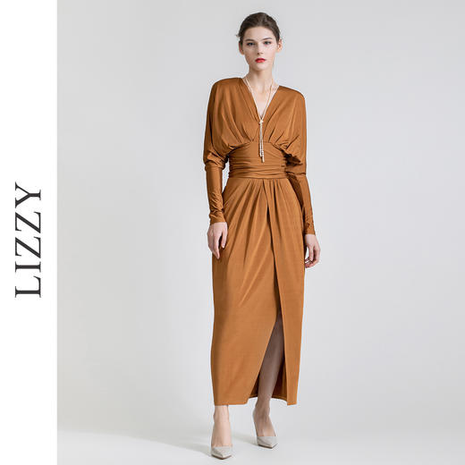 LIZZY 优雅名媛风复古V领高腰长款开叉礼服连衣裙7522 商品图0