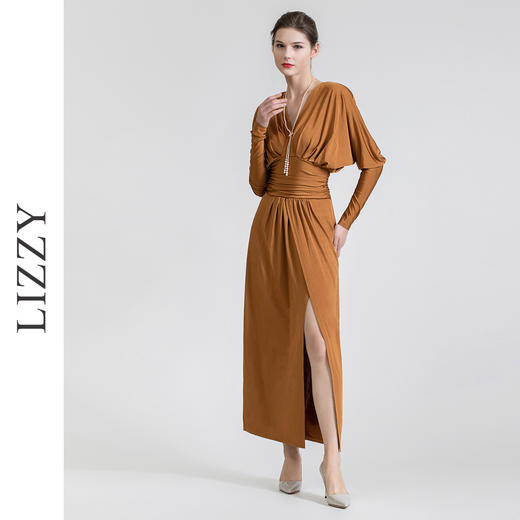 LIZZY 优雅名媛风复古V领高腰长款开叉礼服连衣裙7522 商品图1