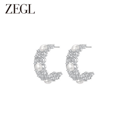 ZEGL设计师蕾丝系列镂空人造珍珠耳环女小众C型耳钉925银针耳饰品 商品图1