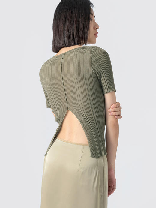 322工房重塑经典天蚕丝螺纹针织短袖T恤2023夏后背开叉针织衫B088 商品图3