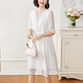 OSL 3513重工刺绣桑蚕丝连衣裙V领气质真丝裙