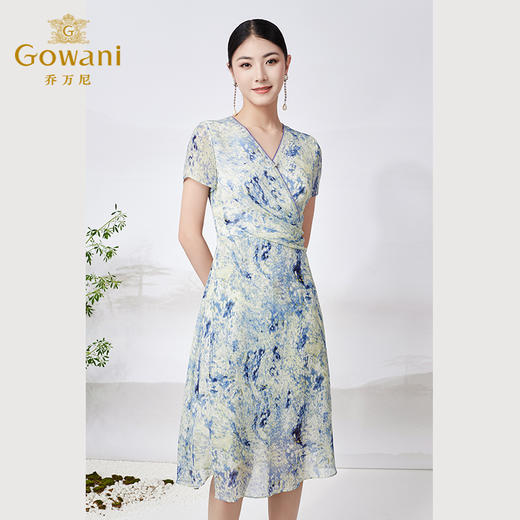 乔万尼真丝连衣裙100%桑蚕丝法式V领收腰气质ET2E299 商品图1