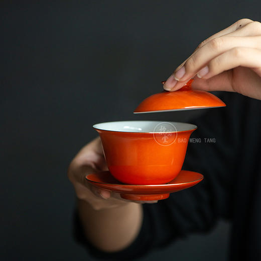 景德镇抱翁堂  珊瑚红描金盖碗手工茶器单个盖碗茶杯陶瓷泡茶器家用功夫茶碗 商品图0