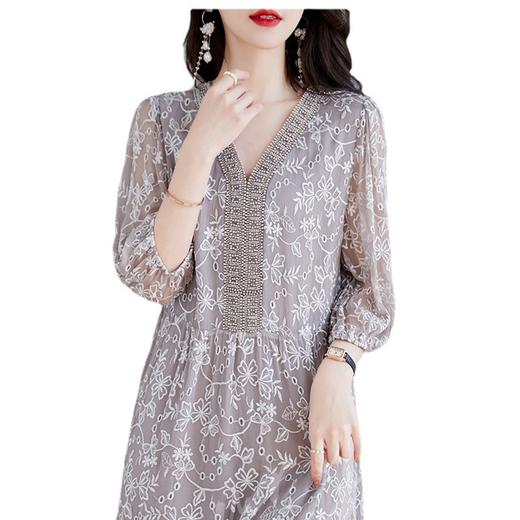 OSL 3513重工刺绣桑蚕丝连衣裙V领气质真丝裙 商品图4