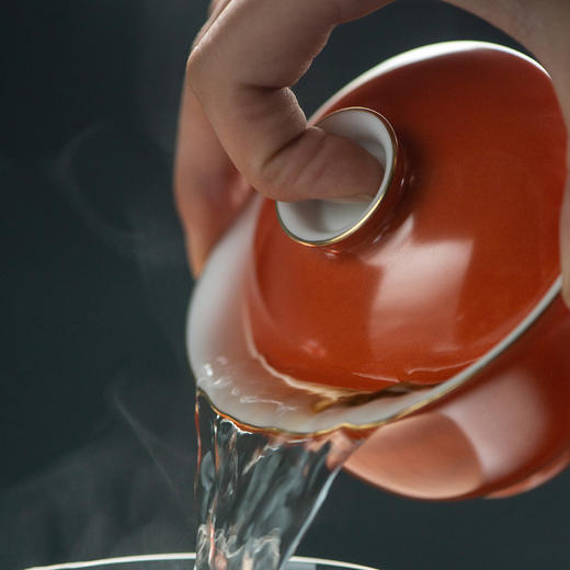 景德镇抱翁堂  珊瑚红描金盖碗手工茶器单个盖碗茶杯陶瓷泡茶器家用功夫茶碗 商品图1
