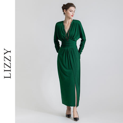LIZZY 优雅名媛风复古V领高腰长款开叉礼服连衣裙7522 商品图2