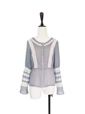 TYNVIE 拼接织花边长袖上衣-灰蓝色