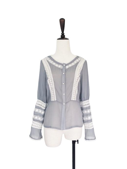 TYNVIE 拼接织花边长袖上衣-灰蓝色 商品图0