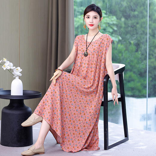 HS-766棉绸连衣裙夏季加肥加大码女装时尚宽松大摆长裙 商品图0