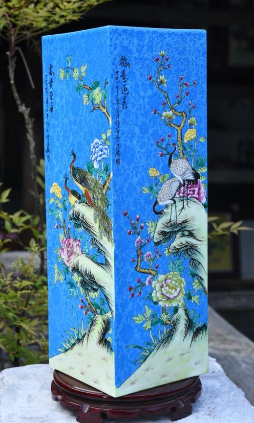 蓝色扒花花鸟四方镶器 商品图0