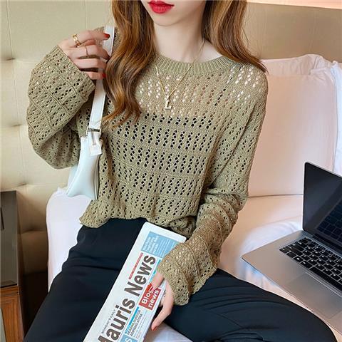 【镂空针织衫！】女薄款毛衣2023夏装新款长袖宽松外套小众别致短款上衣 商品图3